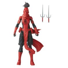 the action figure is red and black with two swords in front of it on a white background