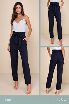 No matter how full your schedule is, chic OOTDs come easy when you have the Lulus Busy Babe Navy Blue Paperbag Waist Straight Leg Pants! Lightweight woven fabric shapes a high, ruffled paper-bag waist, complete with belt loops and a hidden zip fly with a top clasp closure and a tying sash belt. Utility pockets accent the straight pant legs that end at tapered hems. Dress them up with your favorite heels or keep it casual with a pair of sneakers! Fit: This garment fits true to size. Length: Ankle Chic Paperbag Waist Pants For Business Casual, Elegant Paperbag Waist Bottoms With Pockets, Elegant Bottoms With Pockets And Paperbag Waist, Elegant Bottoms With Paperbag Waist And Pockets, Chic Business Casual Paperbag Waist Pants, Chic Paperbag Waist Pants For Day Out, Elegant Paperbag Waist Bottoms For Business Casual, Chic Navy Bottoms For Office, Chic Navy Straight Pants