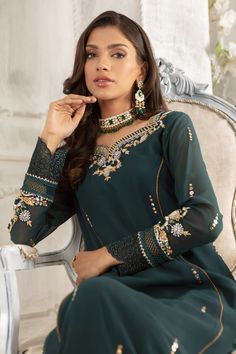 Julia | Pakistani Designer Outfit | Sarosh Salman Elegant Green Palazzo Set With Traditional Drape, Elegant Green Sharara For Navratri, Party Salwar Kameez With Dabka And Kundan Details, Party Salwar Kameez With Kundan And Dabka, Festive Kurta With Mirror Work In Fabric, Eid Party Wear Anarkali Set With Mirror Work, Festive Party Wear Kurta With Intricate Embroidery, Party Wear Kurta With Intricate Embroidery For Eid, Festive Nida Dress With Mirror Work