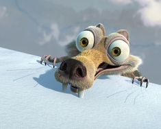 a cartoon dog with big eyes peeking out from behind a snow - covered wall and looking at the camera