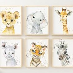 four framed pictures of different animals on the wall in a child's room with white walls