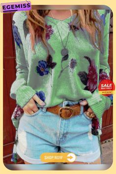 Women Casual Top Tunic Flower Sweater Winter Floral Print V-neck Top, Green Floral Print Tops For Fall, Green Floral Print Fall Tops, Casual Fall Floral Tops, Flower Sweater, Sweaters Online, Casual Tops For Women, Unique Designers, Casual Top