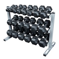 two rows of dumbbells in a rack on a metal stand with one set of black dumbbells