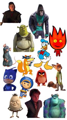 many different cartoon characters are grouped together