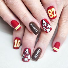 Kansas City Chiefs Nails done by Juanita's Little Canvases #kansascitychiefs Chief Nails Kansas City, Chief Nails, Football Season Nails, Football Nails Design