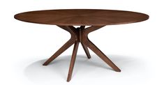 a round wooden table with two crossed legs and a circular wood dining room table top