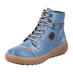 Rieker Z6644-14 Women's Boots, Blue Rieker Z6644-14 Women's Boots, Blue Stay stylish and comfortable with these Rieker Z6644-14 women's boots in blue. Perfect for the fashion-forward young adult, these boots feature a round toe, adjustable shaft width, and a practical combination of zipper and lace-up closure. The TR sole provides durability, while the warm lining keeps your feet cozy in the colder seasons. Crafted from high-quality synthetic leather with a textile inner material, these boots are both trendy and easy to maintain. Elevate your look with these chic and versatile boots! Blue Ankle Boots, Lace Up Ankle Boots, Cold Season, Lace Up Boots, Special Features, Fashion Forward, Womens Boots, Ankle Boots, Lace Up