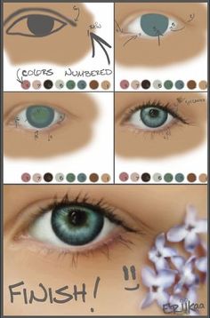 four pictures of different colored eyes with the words finish written on each eyelide