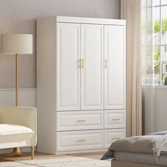 a bedroom scene with focus on the armoire and bed