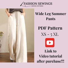 wide leg summer pants pattern xs - 3xl link to video tutor after purchase