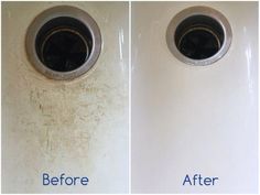 before and after pictures of a bathroom sink faucet with water running down the drain