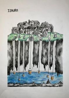 a drawing of houses on the edge of a body of water