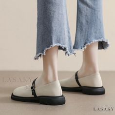 Lasaky - Womens Thick-Soled Mary Jane Lace-Up Loafers with Round Toe, Soft Sole, and Chunky Heel Casual Pointed Toe Mary Janes For Work, Casual White Slip-on Mary Janes, Casual Round Toe Mary Janes For Work, Casual Mary Janes With Round Toe For Work, Trendy Pumps, Mary Jane Platform Shoes, Thick Heel Shoes, Zapatos Mary Jane, Rough Heels