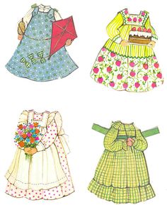 four different types of dresses and umbrellas on a white background, each with an individual's name