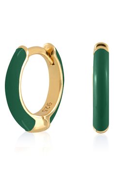 Easy-to-wear hoop earrings will add significant polish to even your most casual ensembles. 1/2" drop; 1/8" width Hinge with snap-post closure Sterling silver with goldtone plate/enamel Imported Green Enamel, Huggie Hoop Earrings, Nordstrom Rack, Dark Green, Gold Tones, Jewelry Earrings, Hoop Earrings, Nordstrom, Women Jewelry