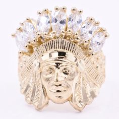 "Men's Native American Indian Head All White CZ Solid 10K Yellow Gold ALL SIZES * Metal : Real 10K Yellow Gold (Properly Stamped, 10K) * Condition : Brand New * Finish : Polished * Avg Weight : 5.90 grams (Size 10) 0.59 grams/per size * Length : 24mm = 15/16\" * Width : 22mm = Just under 7/8\" * Clasp/Bail : Selectable All of our items are brand new and are shipped with a gift box." Street Leggings, Bone Ring, Indian Head, Necklace Box, Womens Wedding Bands, Native American Indians, Jewelry Business, American Indian, Chain Link Necklace