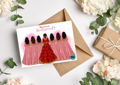 three bridesmaids in pink dresses are standing next to each other on a card