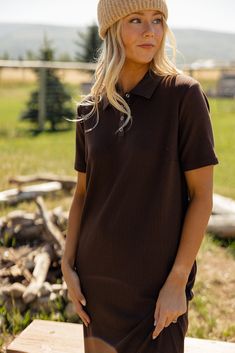 The Wild Winds Dress features snap buttons, a collar, and soft material. It also has side slits to give you some wiggle room and the most delicious textured, brown fabric. side slits functional snaps // paired with a flannel + beanie coming soon Athleisure Mom, Outfit Ideas Inspiration, Clogs Heels, Invert Colors, Mom Accessories, Nursing Friendly, Capri Blue, Brown Fabric, Womens Dress