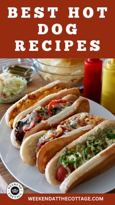 the best hot dog recipes for dogs and their buns on a white plate with mustard, ketchup, relish, mayonnaise, and other condiments