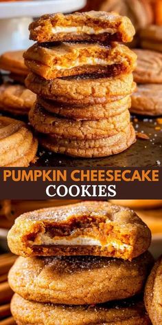 pumpkin cheesecake cookies stacked on top of each other with the words, pumpkin cheesecake cookies