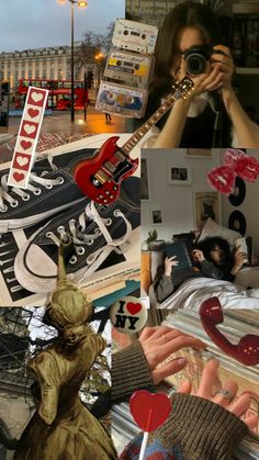 a collage of photos with various items and people in the middle one has a guitar on it