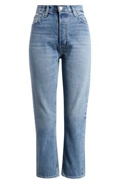 A high-rise waist tops these ankle-length jeans made from nonstretch denim with straight legs and classic fading. 26 1/2" inseam; 14" leg opening; 12 1/2" front rise; 14 1/2" back rise (size 29) Zip fly with button closure Five-pocket style 100% cotton Machine wash, line dry Made in the USA Classic Light Wash Straight Fit Cropped Jeans, Classic Straight Fit Light Wash Cropped Jeans, Mom Fit Cropped Jeans, Classic Light Wash Tapered Cropped Jeans, Classic Mom Fit Cropped Jeans, Medium Wash Straight Cropped Mom Jeans, Classic Straight Cropped Jeans For Spring, Spring Classic Straight Cropped Jeans, Light Wash Cropped Mom Jeans