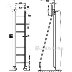 the drawing shows an image of a ladder with wheels and handles, as well as measurements for