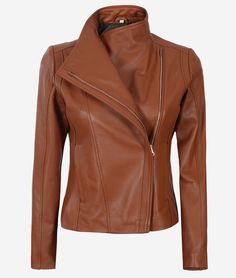 Asymmetrical Cognac Leather Biker Jacket Women Brown Leather Jacket With Zipper For Fall, Modern Fitted Brown Leather Jacket, Trendy Brown Fitted Leather Jacket, Trendy Fitted Brown Leather Jacket, Fitted Brown Leather Jacket With Asymmetrical Zip, Brown Fitted Outerwear With Asymmetrical Zip, Fitted Brown Outerwear With Asymmetrical Zip, Leather Jacket With Zipper For Fall, Leather Jacket With Zipper Closure For Fall