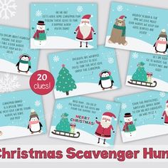 christmas scavenger hunt cards with santa and penguins