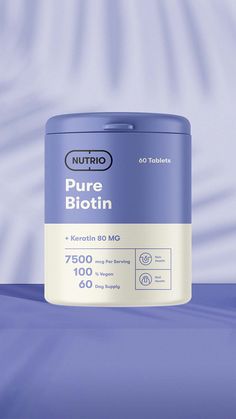 a can of nutriq pure biotin on a blue surface with white lines in the background