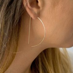 "You'll love the beautiful geometric design of these wire hoop earrings in 14K gold or sterling silver! Choose from large 2\" or a smaller 1\" D shaped semi circle hoops. The delicate design makes them comfortable to wear anytime, you'll never want to take them off!! E A R R I N G S * Premium 14K gold fill or sterling silver wire * Large earring measures 2 inches, small earring measures 1 inch * Handmade with care and love at our studio in San Diego, CA USA PACKAGING * Comes packaged in a charmi Modern Gold Hypoallergenic Threader Earrings, Modern Threader Earrings As A Gift, Minimalist Metal Threader Earrings, Pierced Minimalist 14k Gold Filled Hoop Earrings, Minimalist 14k Gold Filled Pierced Hoop Earrings, Modern 14k Gold Threader Earrings, Elegant Adjustable Geometric Earrings, Modern 14k Gold Filled Linear Earrings Gift, Simple Metal Jewelry For Pierced Ears