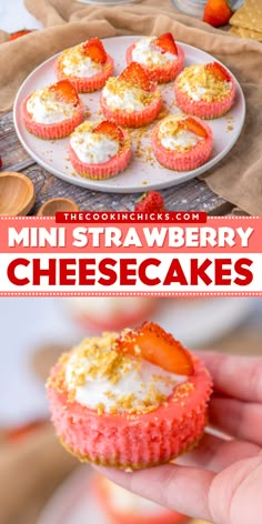 These Mini Strawberry Cheesecakes easy to make using simple ingredients and packed with flavor! With a creamy cheesecake filling on top of a graham cracker crust, these individual strawberry cheesecakes are perfect for any occasion! Fruit Mini Cheesecake, Mini Cheesecakes Strawberry, Strawberry Cake Cheesecake, Simple Baking Recipes Dessert, Strawberry Mini Cheesecake, Cheesecake Recipes Mini, Strawberry Cheesecake Filling, Strawberry Cheesecake Cupcakes, Strawberry Cheesecakes