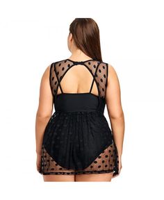 Round Collar Sleeveless Padded Polka Dot Spliced Mesh Plus Size Women Swimsuit - Black - 3U91299312 Size 3XL Polka Dot Swimwear, Polka Dot One Piece, Swimwear Plus Size, Lace Swimsuit, Swimsuit Fabric, Plus Size One Piece, Black One Piece Swimsuit, Black One Piece, Black Swimwear