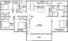 the floor plan for a two bedroom, one bathroom apartment with an attached kitchen and living room