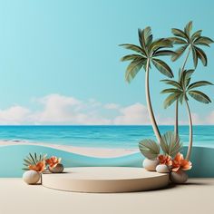 two palm trees on the beach with flowers