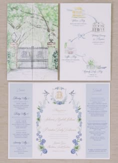 the wedding stationery is laid out on top of each other