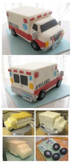 an ambulance cake is shown in four different pictures