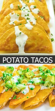 three different types of potato tacos on a white plate