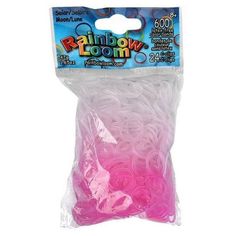 the rainbow loom is pink and white in its plastic bag, it's packaged with