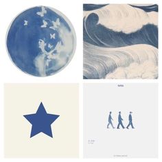 four different pictures with blue and white designs on them, one is an image of people walking