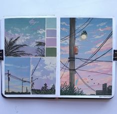 an open notebook with pictures of power lines and palm trees