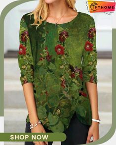 Classic and Comfortable Winter T-shirt Green Graphic Print Top For Fall, Green Printed Crew Neck Top, Winter T Shirts, Pullover Mode, Aaliyah, Belleza Natural, Blouse Dress, Shirt Online, Women Collection