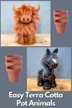 clay pots are used as animal heads and vases to make them look like furry animals