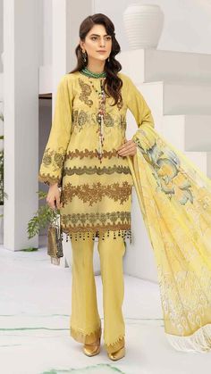 Yellow Long Sleeve Palazzo Set With Chikankari Embroidery, Festival Lawn Suit With Printed Motifs And Long Sleeves, Festival Long Sleeve Unstitched Suit With Printed Motifs, Long Sleeve Cambric Unstitched Suit For Festivals, Yellow Long Sleeve Lawn Suit For Spring, Festival Cambric Salwar Kameez With Long Sleeves, Cambric Long Sleeve Lawn Suit For Festivals, Festival Long Sleeve Cambric Salwar Kameez, Long Sleeve Cambric Lawn Suit For Festivals