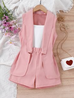 Multicolor Casual Collar Sleeveless  Colorblock  Embellished Non-Stretch,Medium Stretch  Tween Girls Clothing Sleeveless School Sets For Spring, Shorts And Top, Collar Vest, Stylish Short Dresses, Cute Dress Outfits, Stylish Work Attire, Fashionista Clothes, Easy Trendy Outfits, Vest Coat