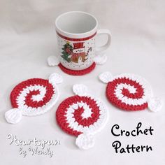 three crocheted coasters and a coffee cup holder