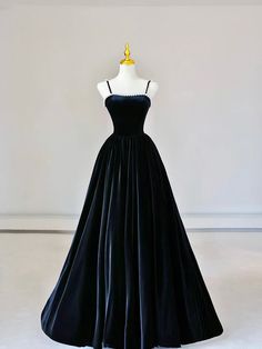 Spaghetti Strap Velvet Long Prom Dress with Pearls Prom Dress With Pearls, Dress With Pearls, Velvet Sleeve, A Line Evening Dress, Black Spaghetti, Black Spaghetti Strap, Pearl Dress, Black Prom Dress, Black Prom