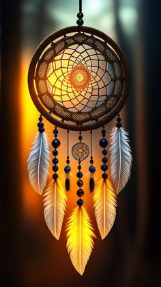 a dream catcher with feathers hanging from it