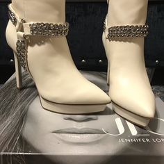 Brand New Jlo Bootie Elegant Platform Boots With Ankle Strap, Chic Boots With Heel Strap And Round Toe, Chic Synthetic Boots With Ankle Strap, Chic Spring Boots With Heel Strap, Chic High Heel Boots With Heel Loop, Chic Almond Toe Boots With Heel Strap, Jlo Shoes, Grey High Heels, Beige Ankle Boots