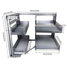 an image of three shelves with drawers on each side and the measurements for each shelf